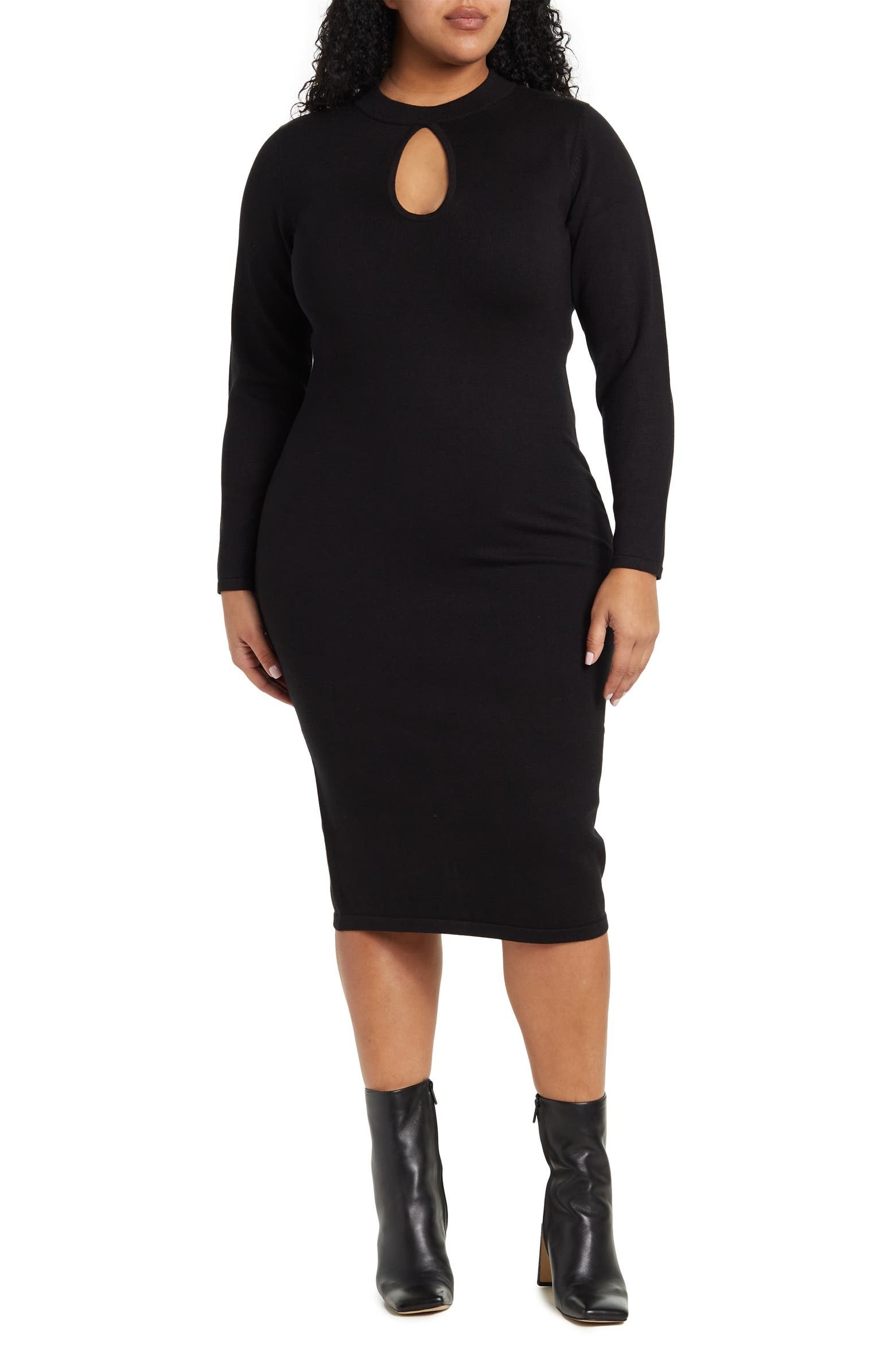 model in midi black sweater long sleeve dress with a keyhole cutout on the chest