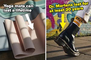 (L) Pink and blue yoga mats basking in sunlight (R) Person walking down colorful street in Dr. Marten boots