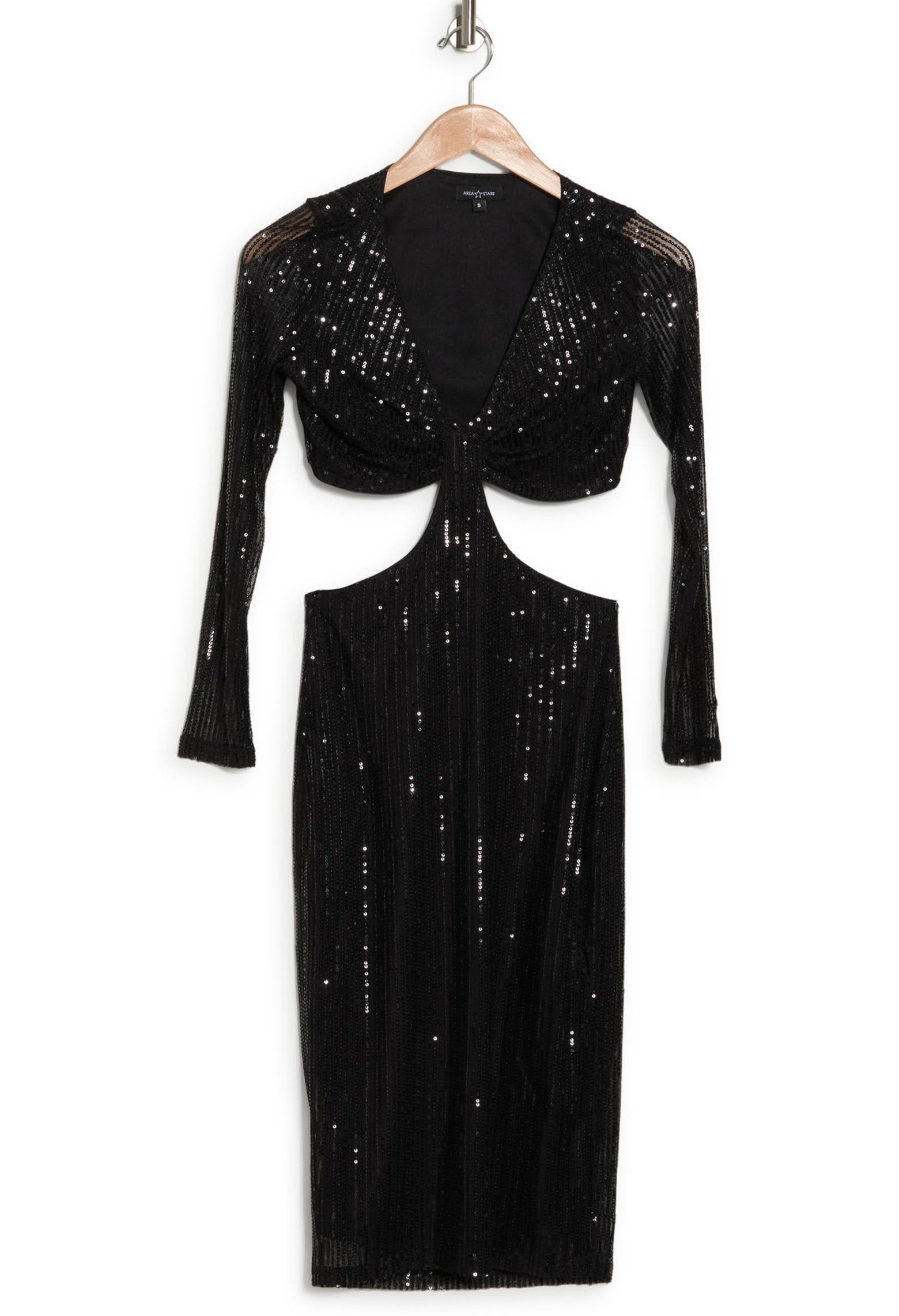 black midi three quarter sleeve dress with cutouts on each side of the ribcage
