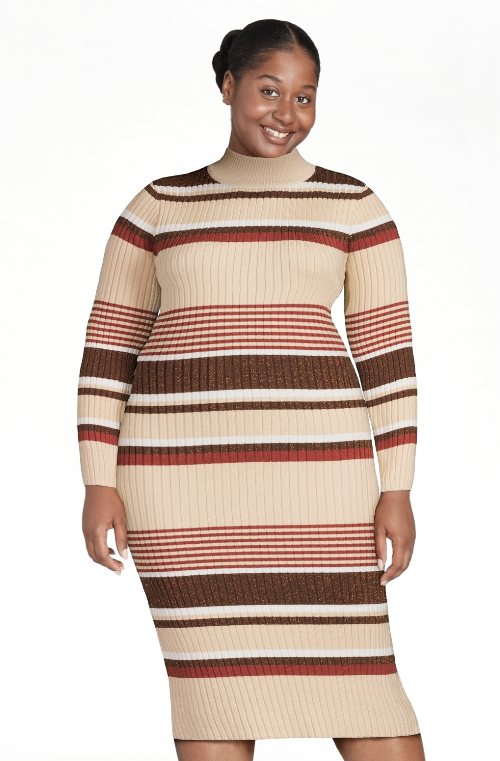model wearing the dress in red and brown stripes