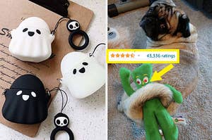 在左侧，幽灵形的airpod盒。右边，绿色的Gumby狗玩具在哈巴狗的顶部