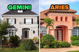 On the left, a stone house labeled Gemini, and on the right, a Spanish-style home with palm trees out front labeled Aries