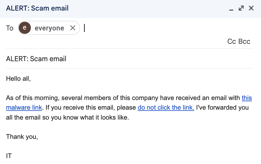 A sample email about a scam email, in which the sender includes the link to the scam link multiple times