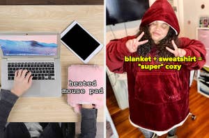 Model using the pink adjustable mouse covering hand warmer while working at a desk "heated mouse pad" / BuzzFeed writer wearing a blanket sweatshirt in red "blanket + sweatshirt = super cozy"