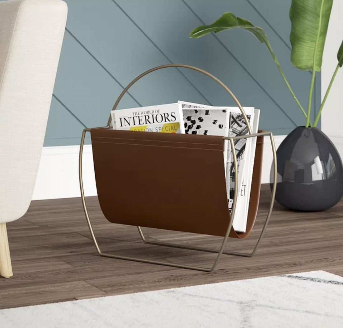 brown faux leather and gold magazine rack