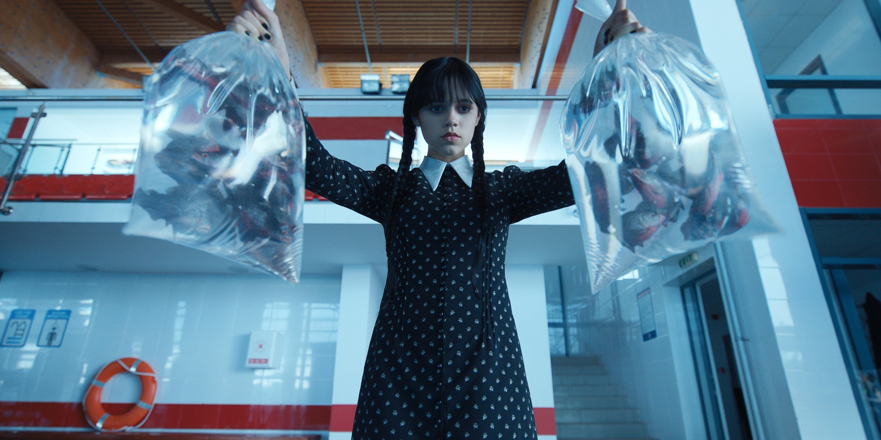 wednesday addams holding up two bags of fish