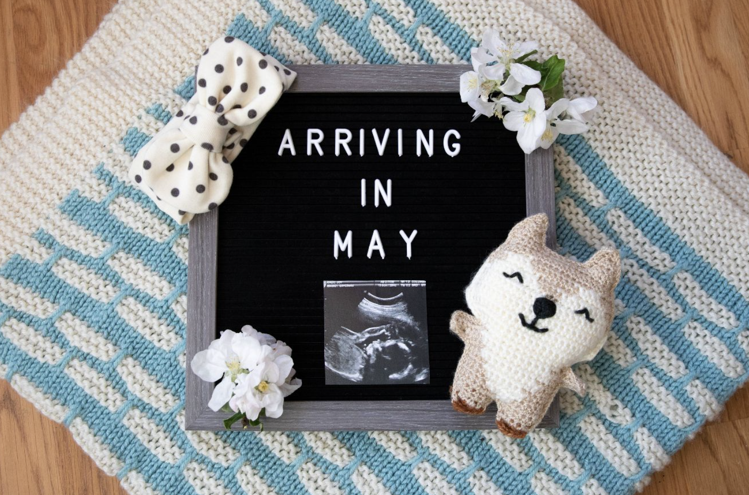 the board that says &quot;arriving in may&quot; with an ultrasound picture