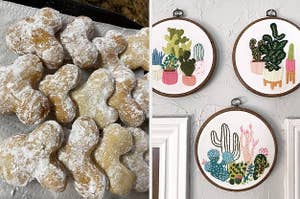 reviewer's Mickey shaped dessert / Reviewer's three embroidery projects hanging on a wall