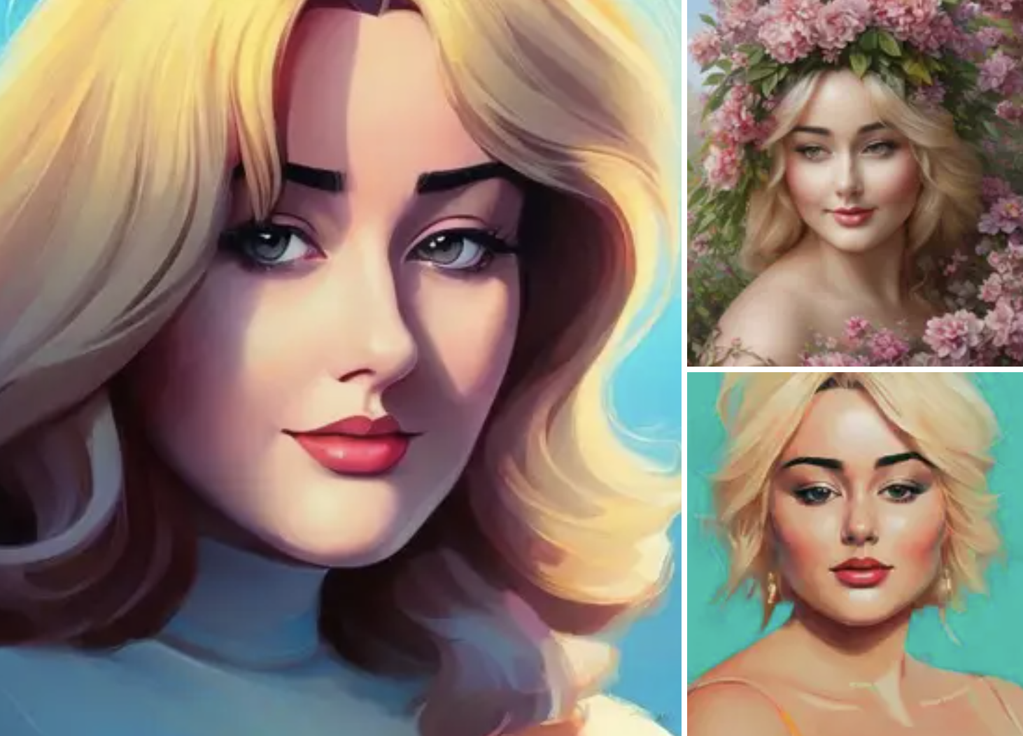 Three illustrations of a blonde white women with huge eyes and weird vibes