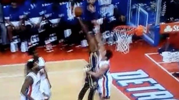 Indiana Pacers bigman Jordan Hill puts Pistons power forward on a poster with this dunk.