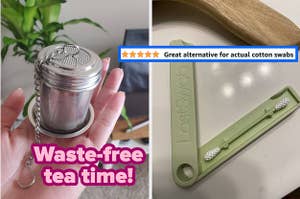 L: a reviewer holding a mesh strainer and text reading "Waste-free tea time!", R: a reviewer photo of a reusable swab and a five-star review titled "Great alternative for actual cotton swabs"