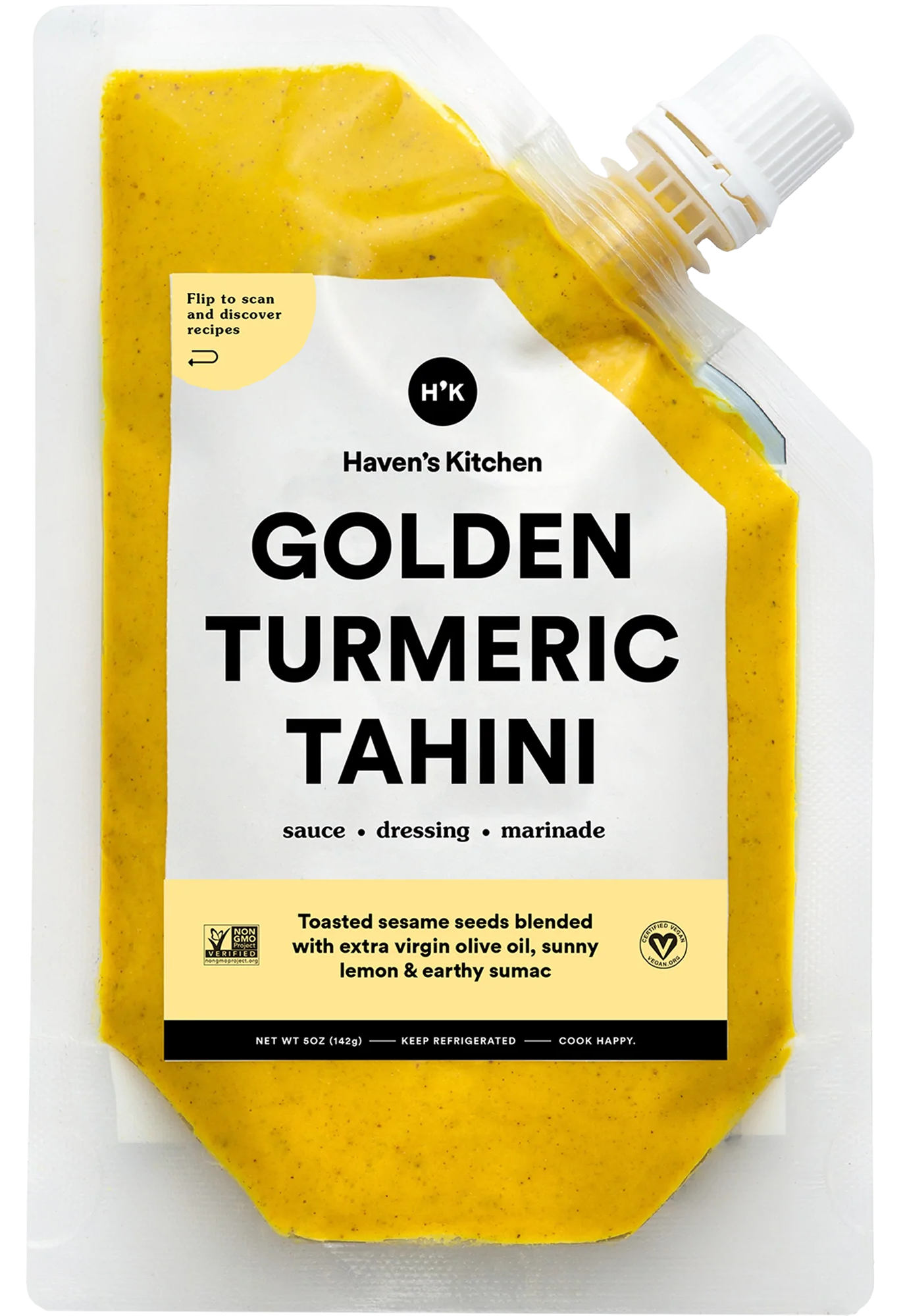 a plastic pouch of yellow tahini