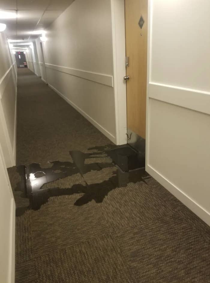 Liquid leaking from under an apartment door