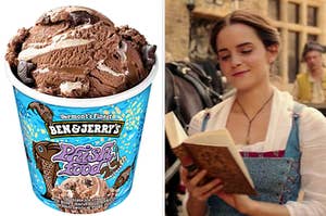 On the left, some Phish Food ice cream, and on the right, Emma Watson reading a book as Belle in Beauty and the Beast