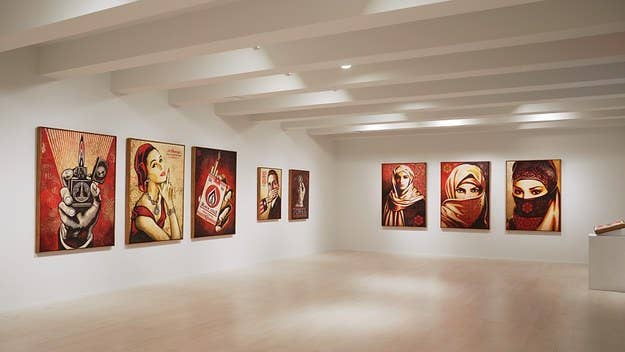 Shepard Fairey's "On Our Hands" solo exhibit will open to the public tomorrow at the Jacob Lewis Gallery in NYC.