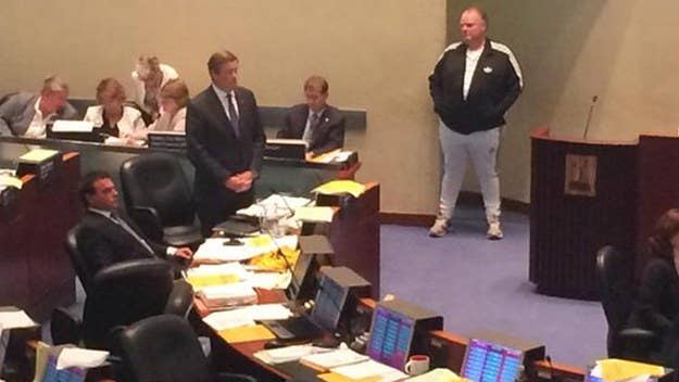 Toronto City Councilor Rob Ford showed up to a council meeting rocking an adidas track jacket, Nike Tech fleece pants, and sneakers. 
