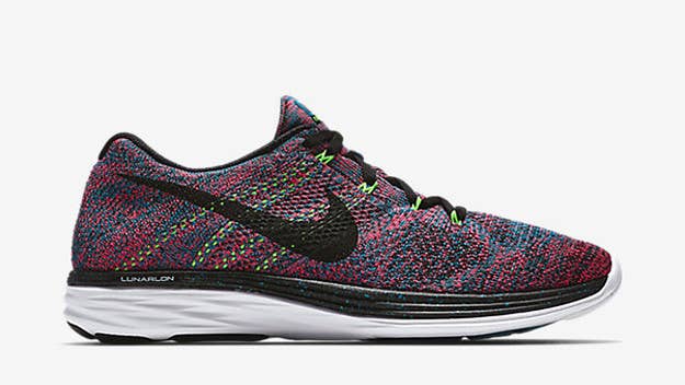 Nike's "Multicolor" Flyknit Lunar 3 is still available in a wide range of sizes from Nikestore online.