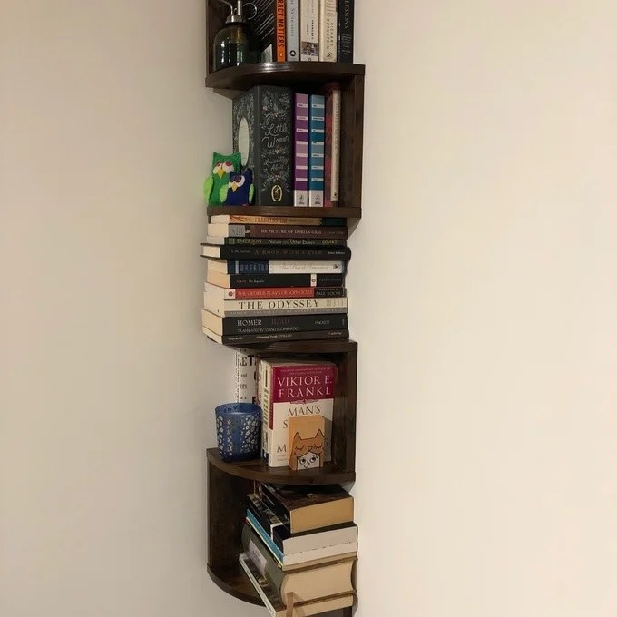 The bookshelf mounted in the corner of the room