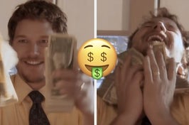 andy from parks and rec rubs dollar bills on his face