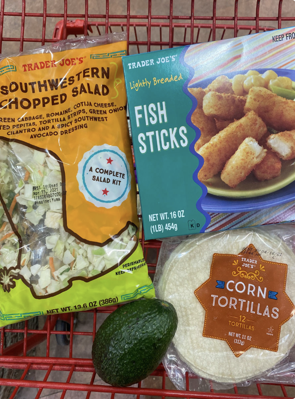 Fish stick taco ingredients in a cart