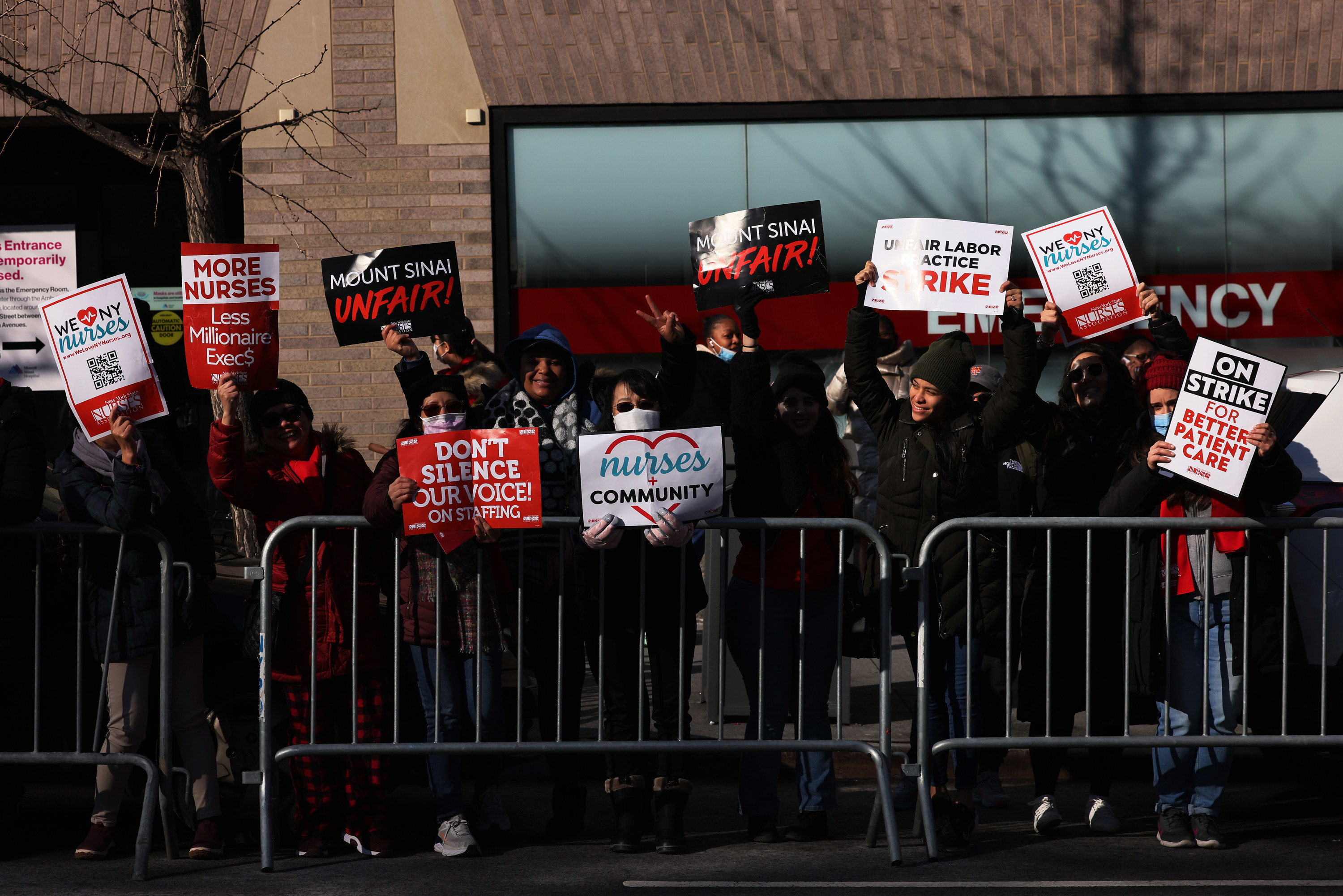 Nurses from Mount Sinai Hospital strike outside the hospital on January 9, 2023, in the Upper East Side neighborhood of Manhattan