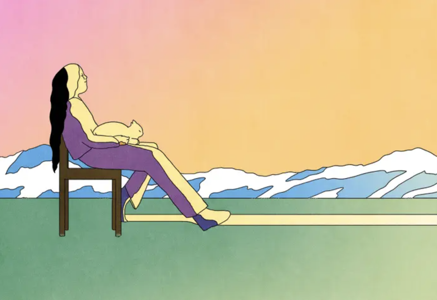 illustration, someone with long hair and a cat on their lap sits on a chair looking off towards a sunrise, mountains in the background