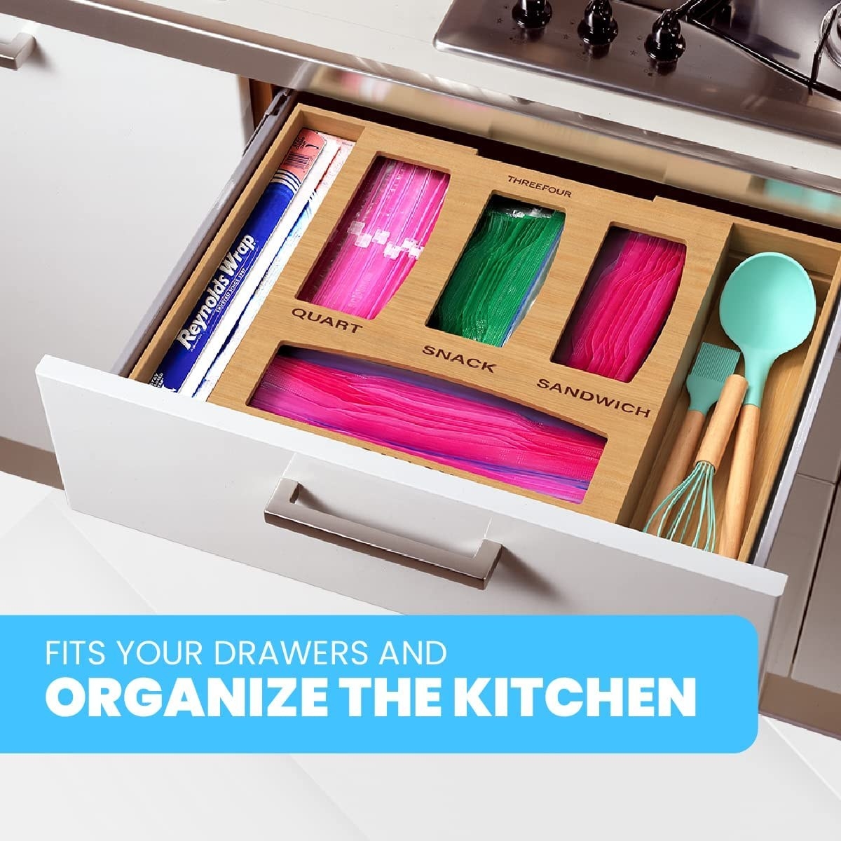 an open drawer with the ziploc bag organizer inside
