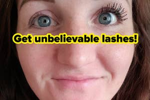 a reviewer with their right eye showing her eyelashes with the mascara which look long and full and fanned out. The lashes on her left eye which don't have the mascara are nearly invisible. Text that reads "get unbelievable lashes"