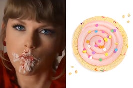 taylor swift eating cake on the left and a confetti crumble cookie on the right with pink frosting and sprinkles