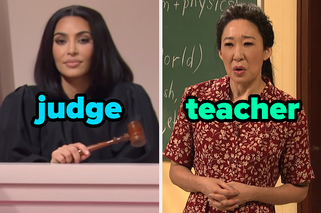 On the left, Kim Kardashian holding gavel and wearing a judge's robe in an SNL sketch labeled judge, and on the right, Sandra Oh standing in front of a chalkboard in an SNL sketch labeled teacher