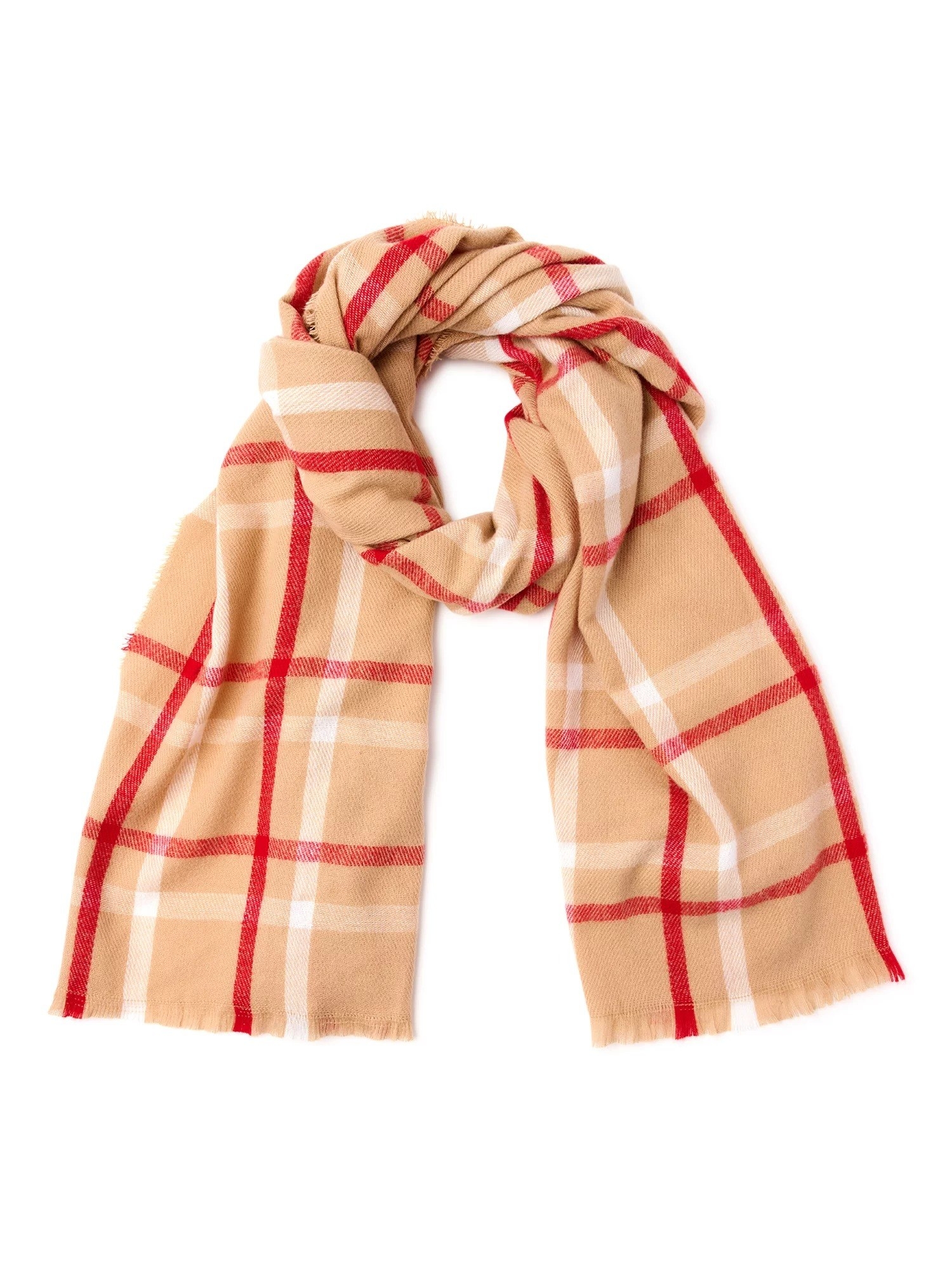 The scarf in red and tan plaid