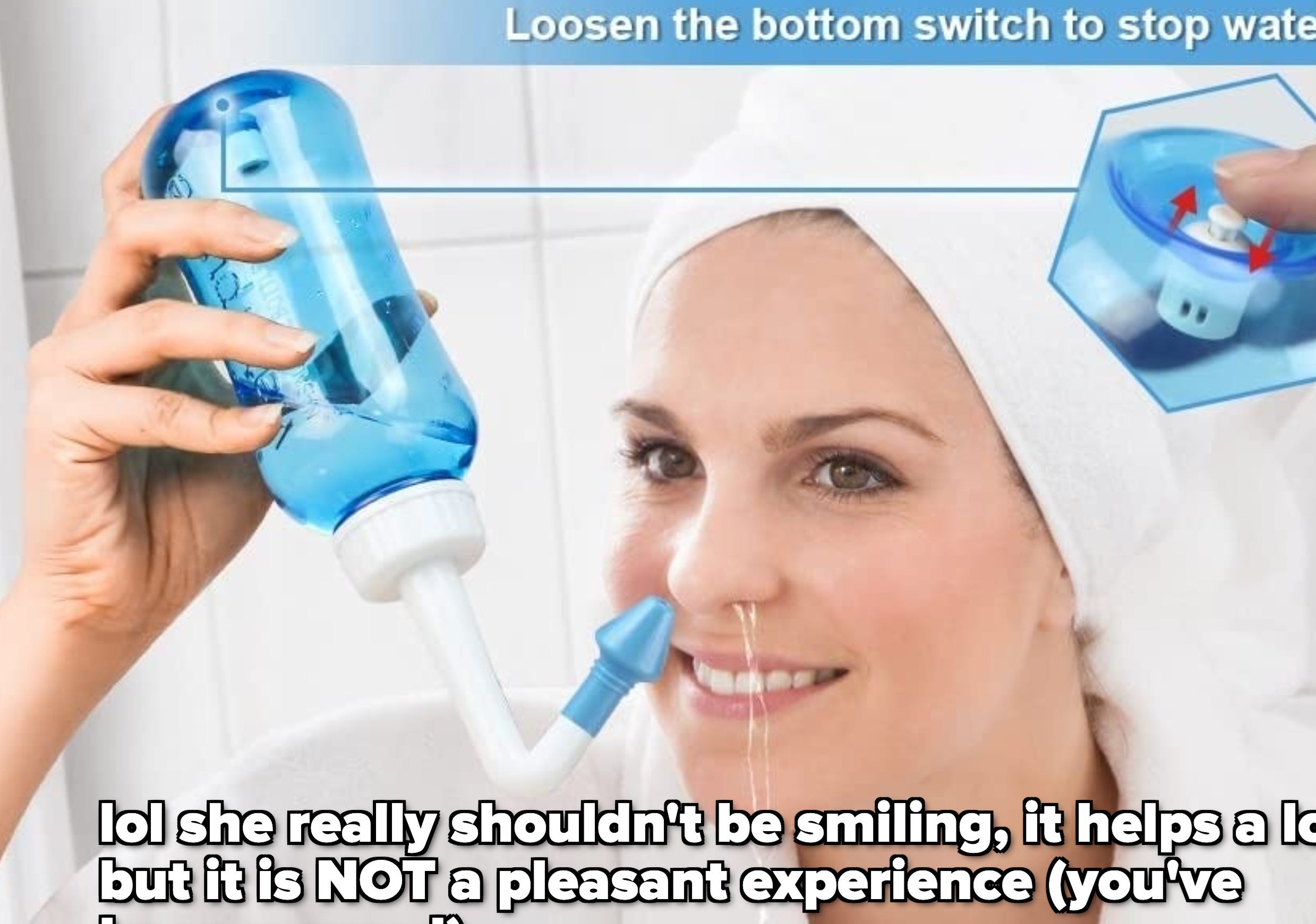 a person using the neti pot set and for whatever reason, smiling