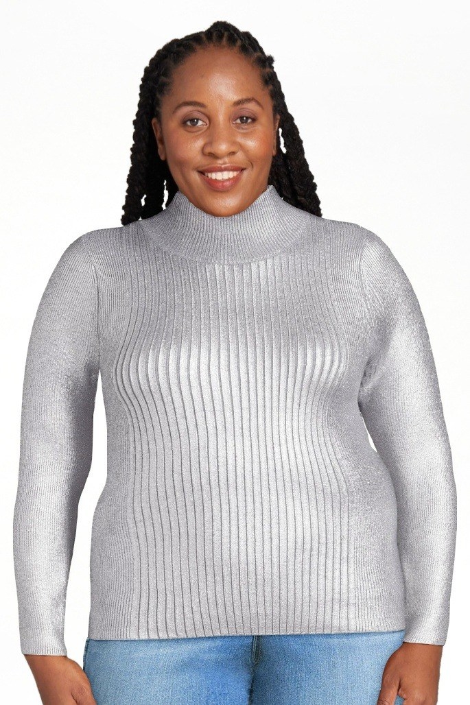 Model wearing the turtleneck sweater