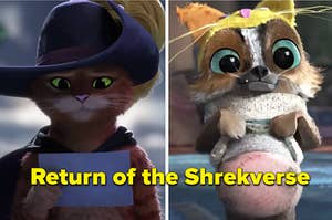 Split image of Puss and Perrito that says "Return of the Shrekverse"