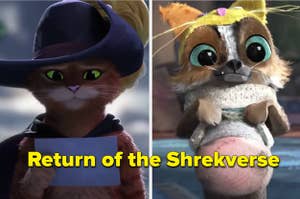 Split image of Puss and Perrito that says "Return of the Shrekverse"