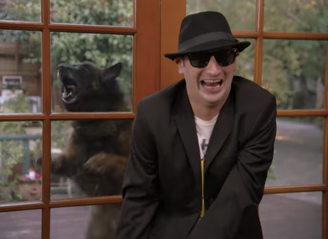 tim robinson wears sunglasses, a fedora, and a suit jacket over a t shirt as he dances in front of floor-to-ceiling window doors leading to the backyard. for some reason there is a bear behind him in the backyard.