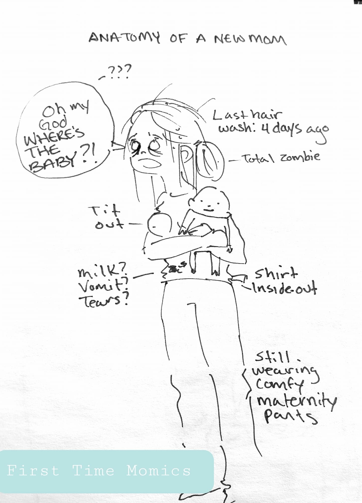drawing of a woman wearing a t-shirt and jeans, holding a baby.