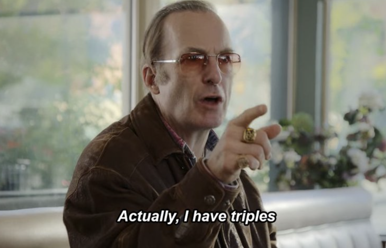 bob odenkirk wears transition sunglasses and a corduroy jacket. he points and says &quot;actually, i have triples&quot;