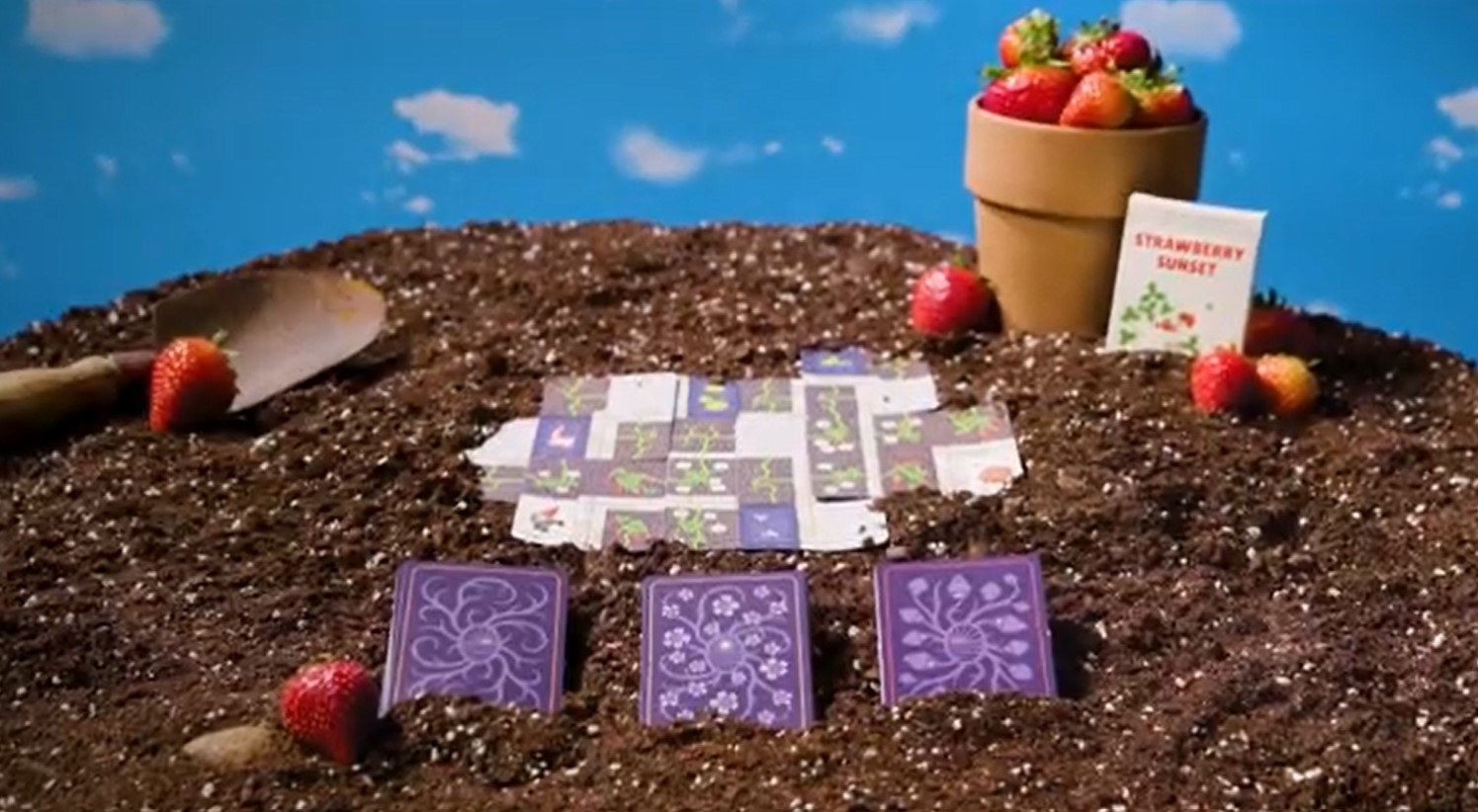 Strawberry Sunset cards buried in dirt