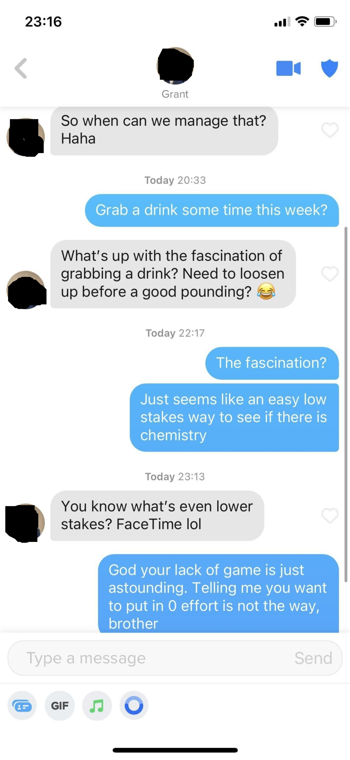 someone saying that facetime is an even lower stakes way of seeing if there is chemistry than going out for drinks
