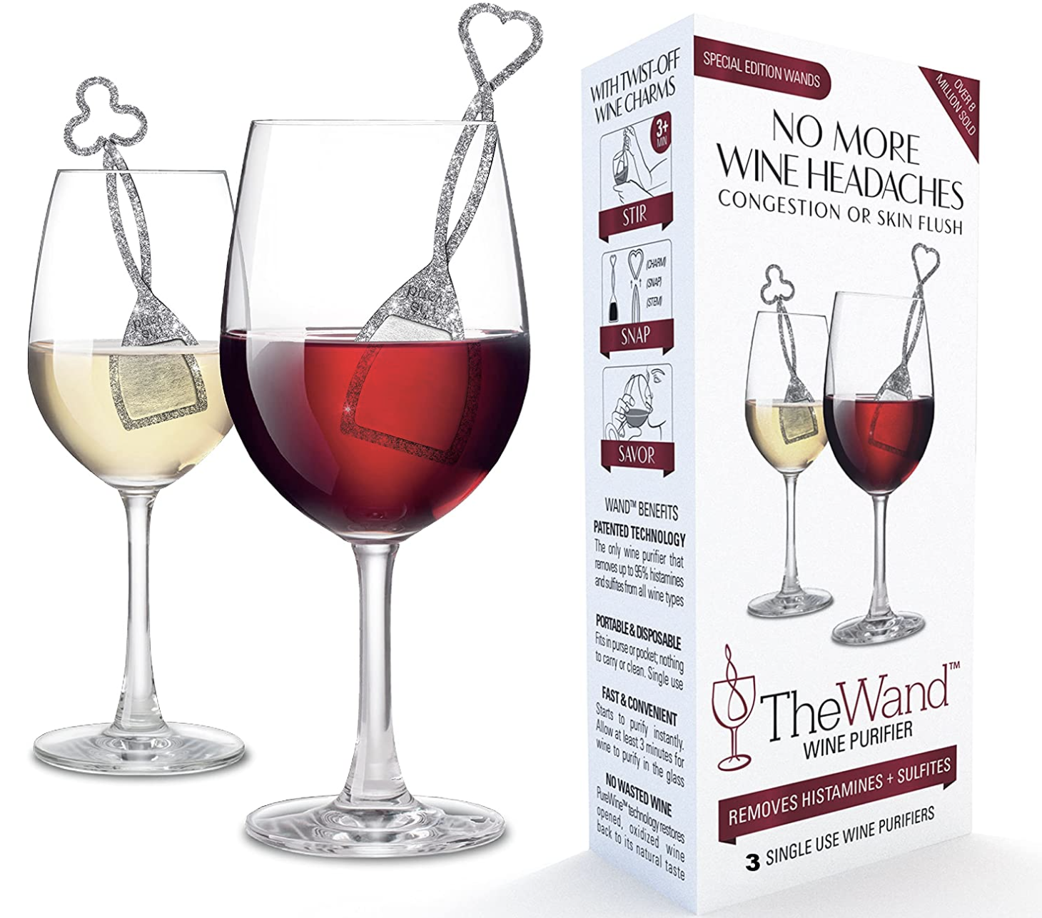 A glass of red and white wine, both with the wine purifiers dropped into the wine, sitting next to the packaging that reads &quot;no more wine headaches congestion or skin flush&quot;