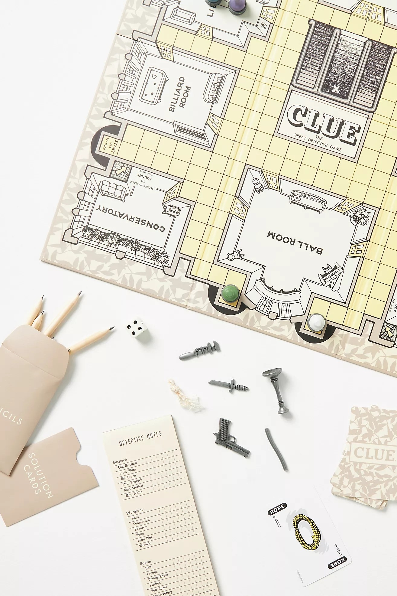the vintage Clue game board and pieces