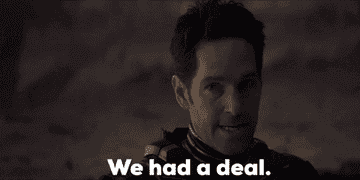 a gif of paul rudd as ant man saying we had a deal