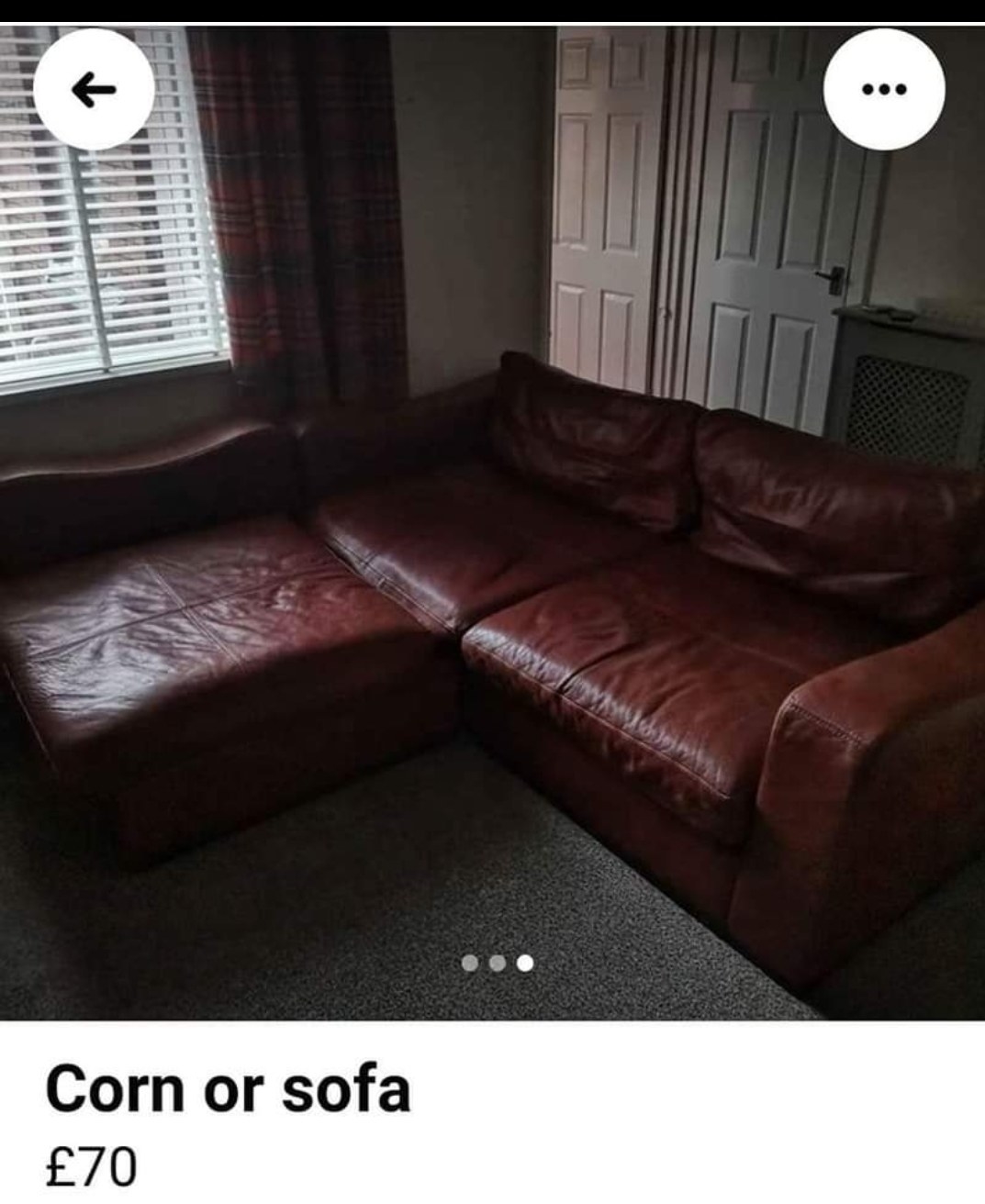 Marketplace ad selling a sectional couch reading &quot;Corn or sofa,&quot; selling for 70 pounds