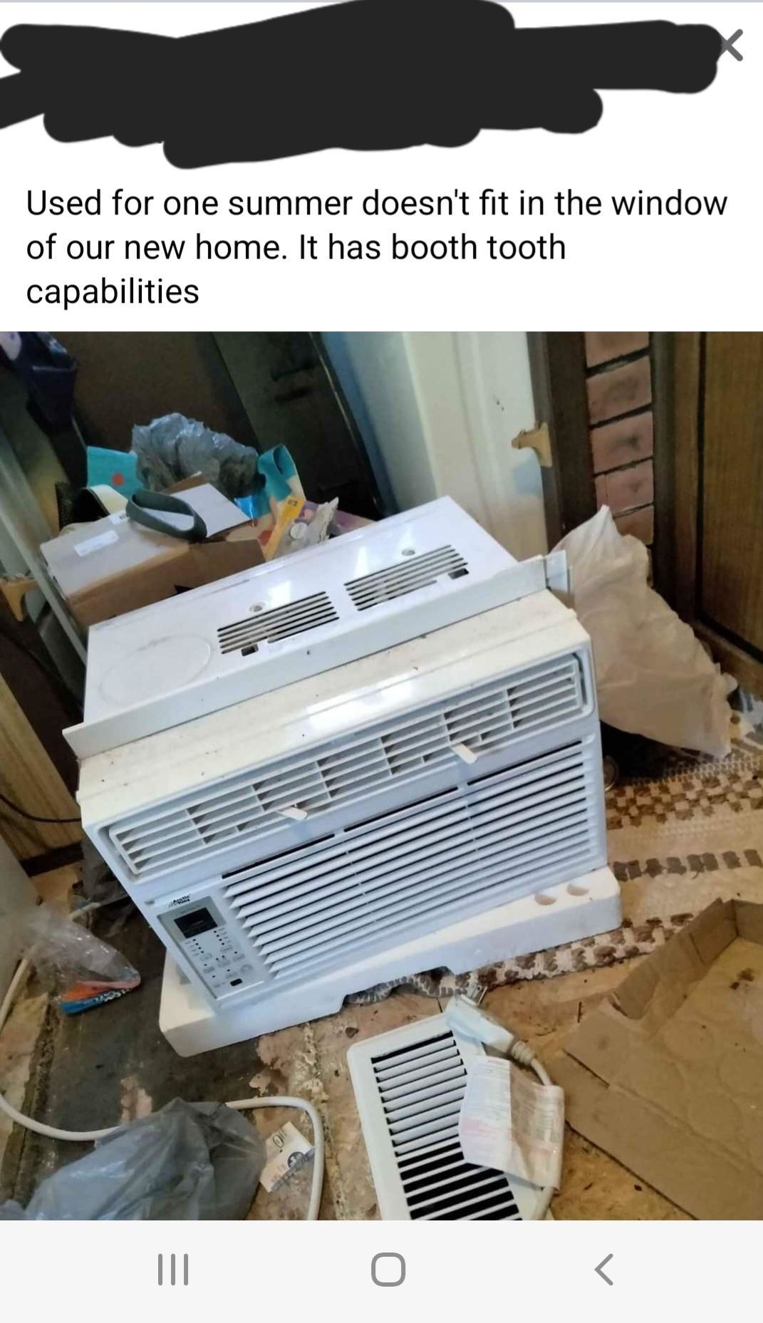 marketplace ad reading air conditioner with booth tooth capabilities