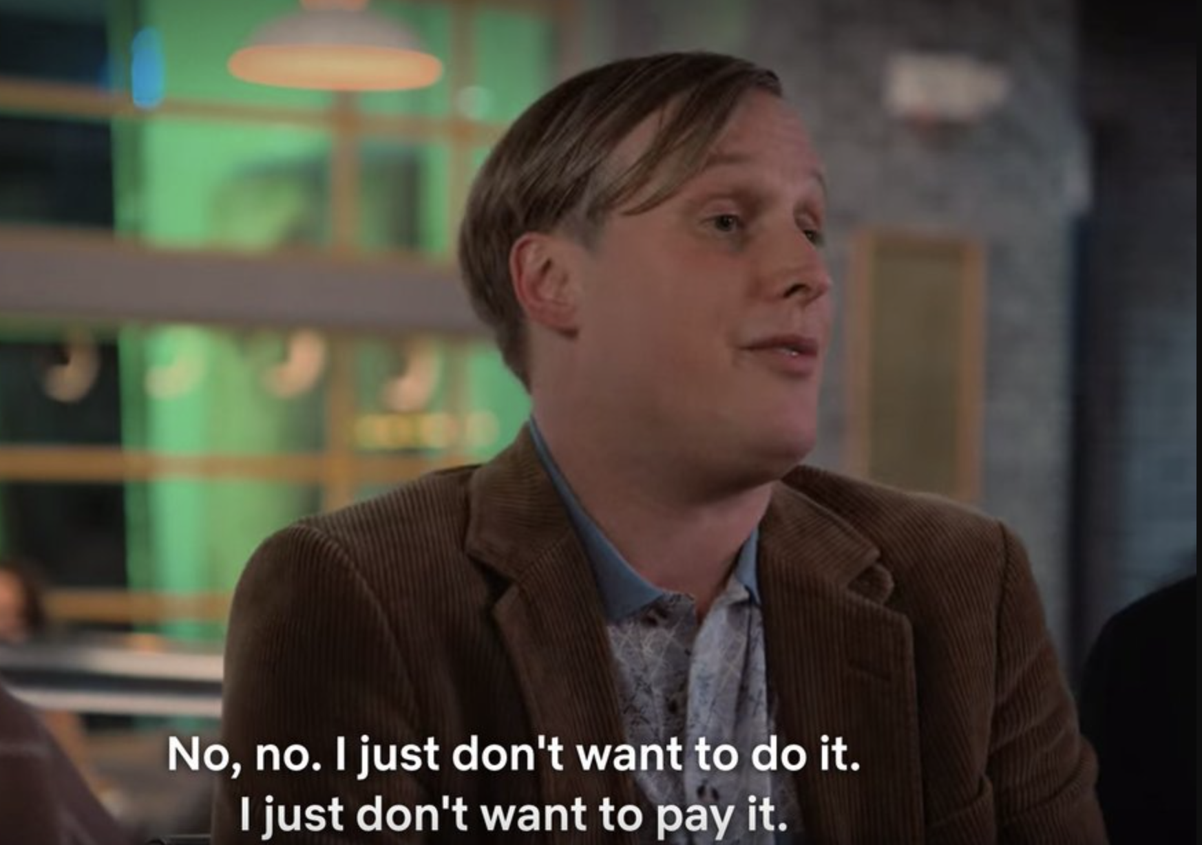 john early wears a suit and looks to the side saying &quot;no, no, i just don&#x27;t want to do it. i just don&#x27;t want to pay it.&quot;