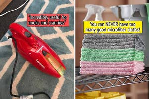 to the left: a red handheld dirt devil vacuum, to the right: a stack of microfiber cloths