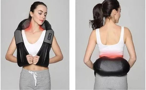 A model wearing the massager around her shoulders in the first image and wearing the massager around her lower back in the second image