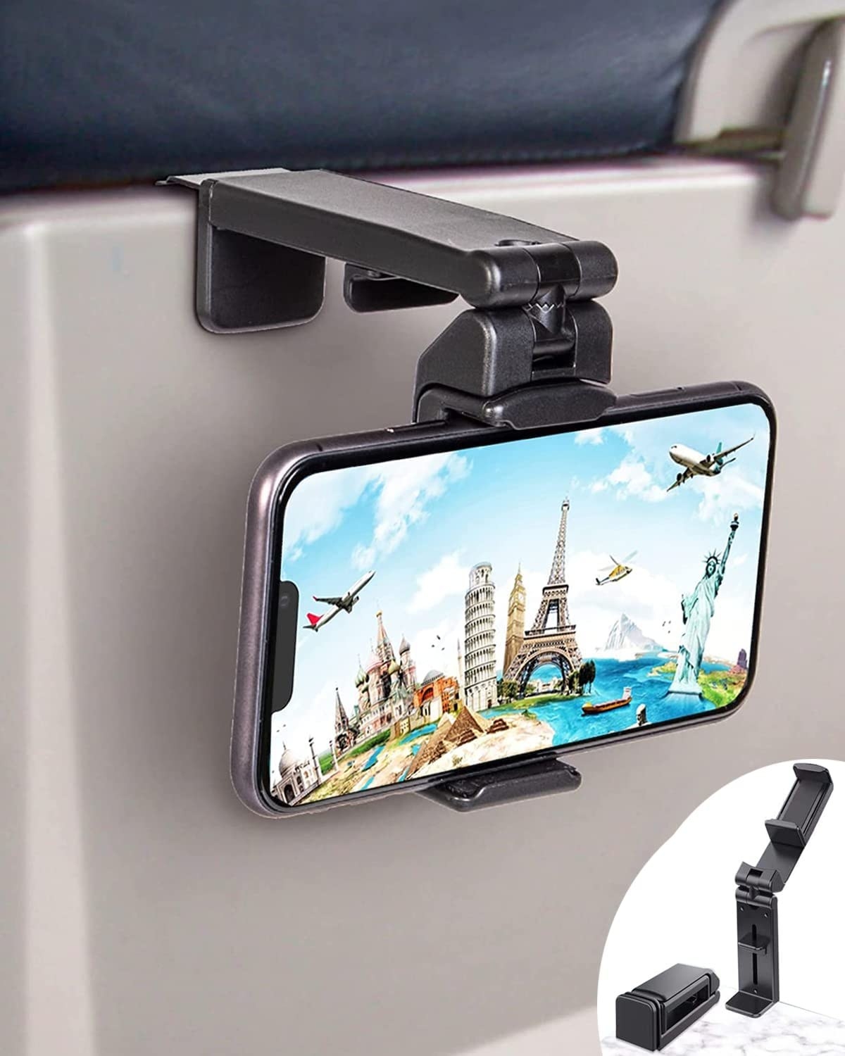 the mount holding a phone on a plane