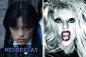 On the left, Wednesday Addams from Wednesday, and on the right, Lady Gaga on the Born This Way album cover